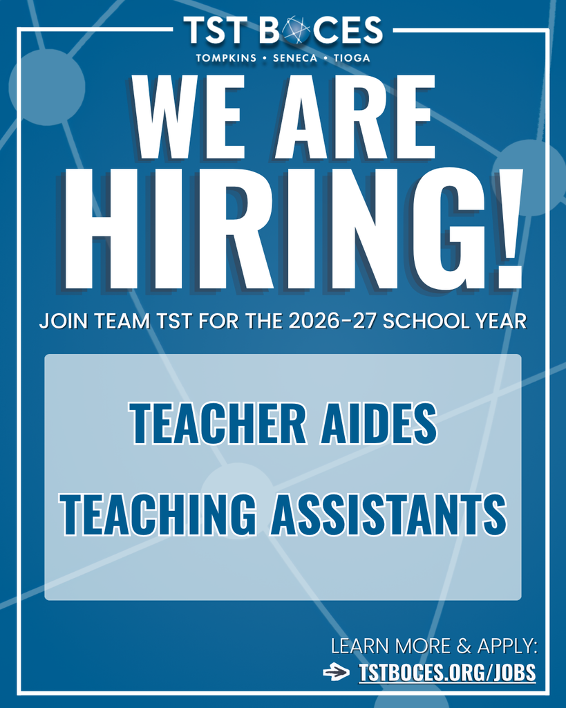 Graphic from TST BOCES with a blue background and the headline "We're Hiring!" in large white letters. Below, the graphic invites applicants to "Join Team TST for the 2026-27 School Year" and lists two open positions: Teacher Aides and Teaching Assistants. The TST BOCES logo appears at the top, and the bottom directs viewers to apply at tstboces.org/jobs.