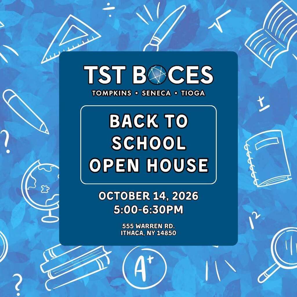 Event graphic for TST BOCES Back to School Open House on October 14, 2026, from 5:00 to 6:30 PM at 555 Warren Rd., Ithaca, NY 14850. Set against a light blue background filled with white school-themed doodles like books, a globe, rulers, and pencils.