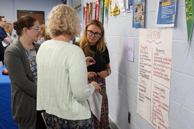Three women standing near a wall poster titled "Groton," reviewing notes on strengths, resources, tools, and deliverables.