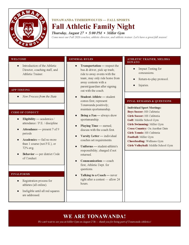 Fall athletic family night flyer, all information in web story