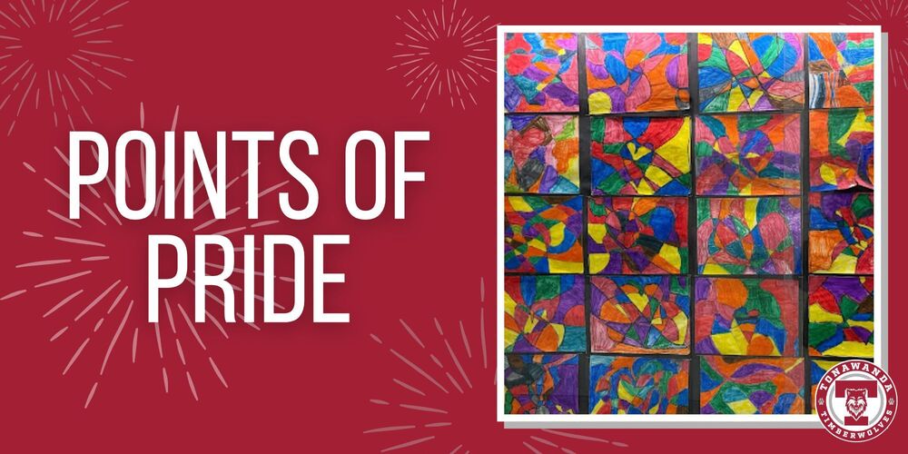 Points of Pride written in white on maroon background with colorful artwork displayed