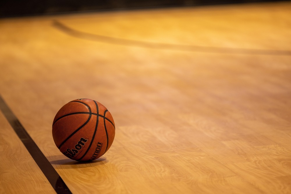 Basketball on a basketball court