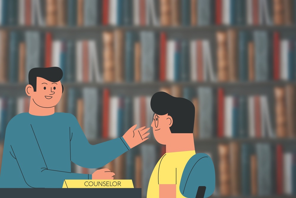 cartoon of counselor and student sitting and talking with books in the background