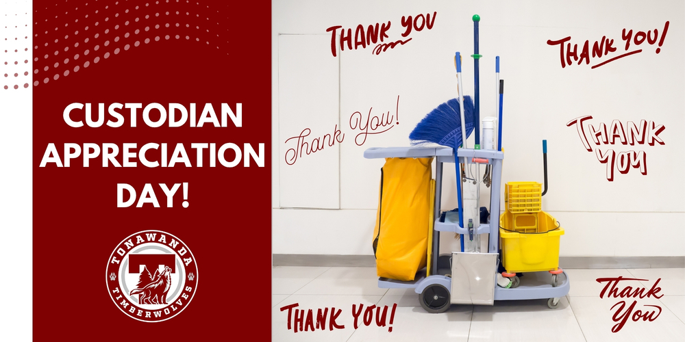 custodian appreciation day graphic with tonawanda logo and thank you writing around a cleaning cart