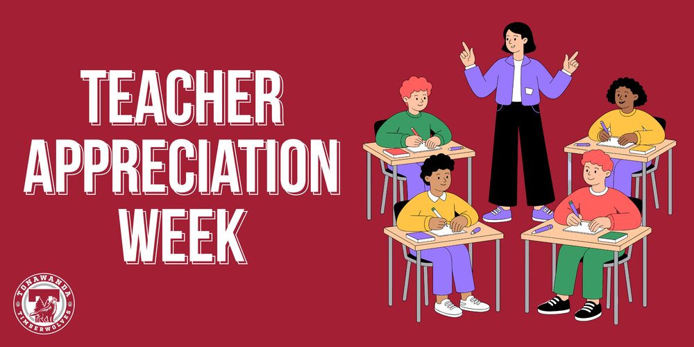 teacher appreciation day written on maroon background  with caricature of teacher and kids at desks