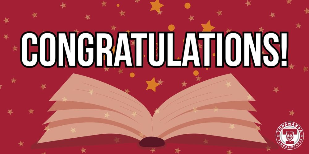 Congratulations written on maroon background with starts and a book