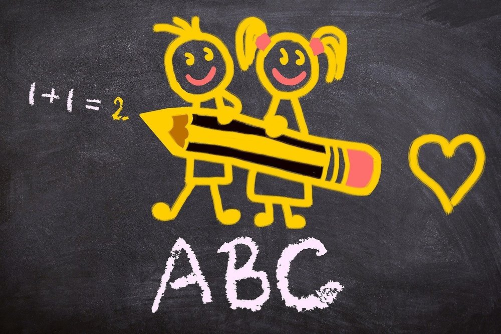 cartoon of students with giant pencil on a chalkboard
