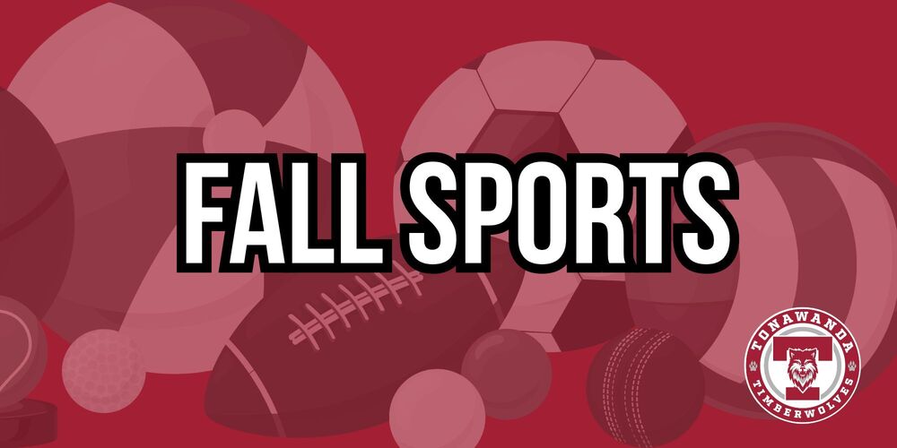 Fall sports written on red background with faded out athletic ball images