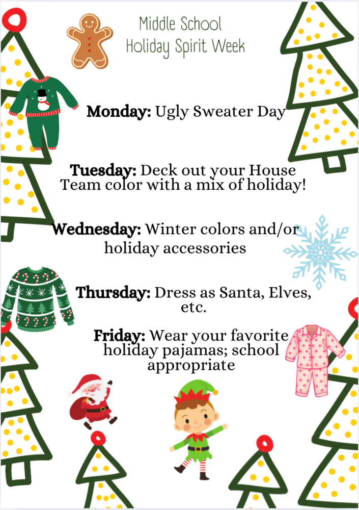 TMS Holiday Spirit Week flyer