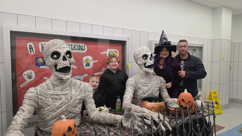 Trunk or treat table set up inside school