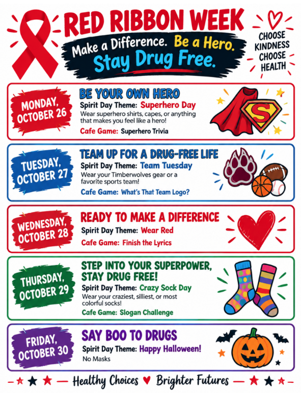 red ribbon week flyer with theme days, all info in the text