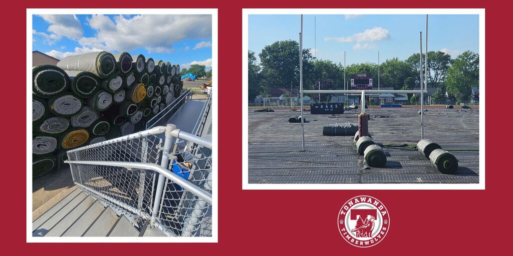 two images: one of torn up football field from goal posts, second of rolled up turf in front of bleachers