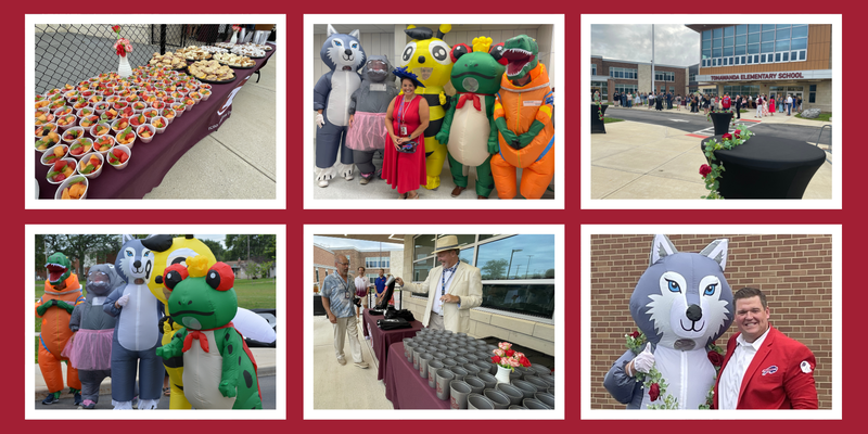 collagee of staff dressed in  inflatable costumes, kentucky derby themed table