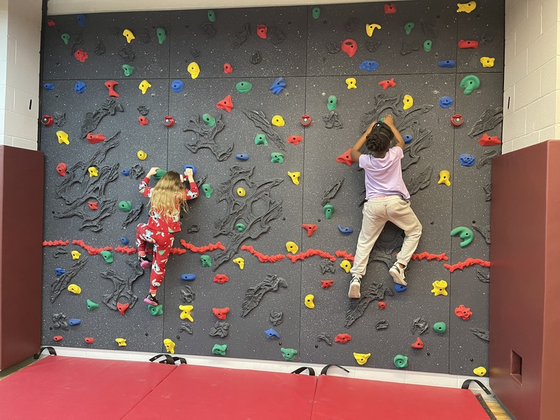 students climb rock wall in gym class