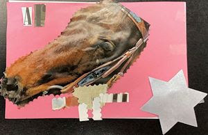 collage of a horse head with pink background
