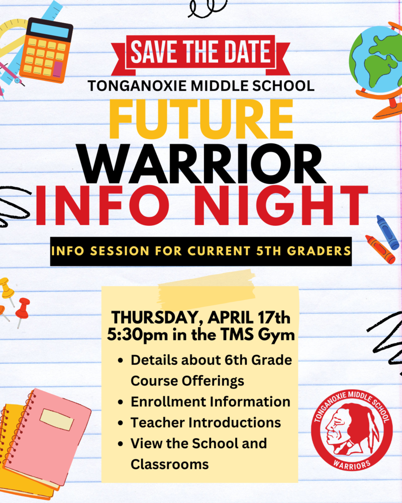 notebook paper with clip art of school supplies on it, red warrior head logo in bottom right corner
