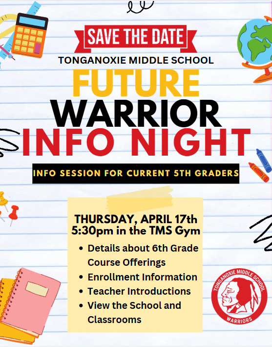 notebook paper with clip art of school supplies on it, red warrior head logo in bottom right corner