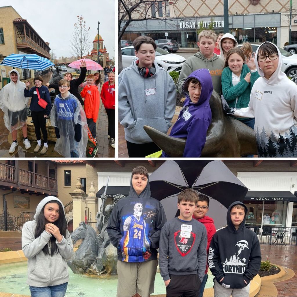 sixth graders standing in front of fountains on the plaza