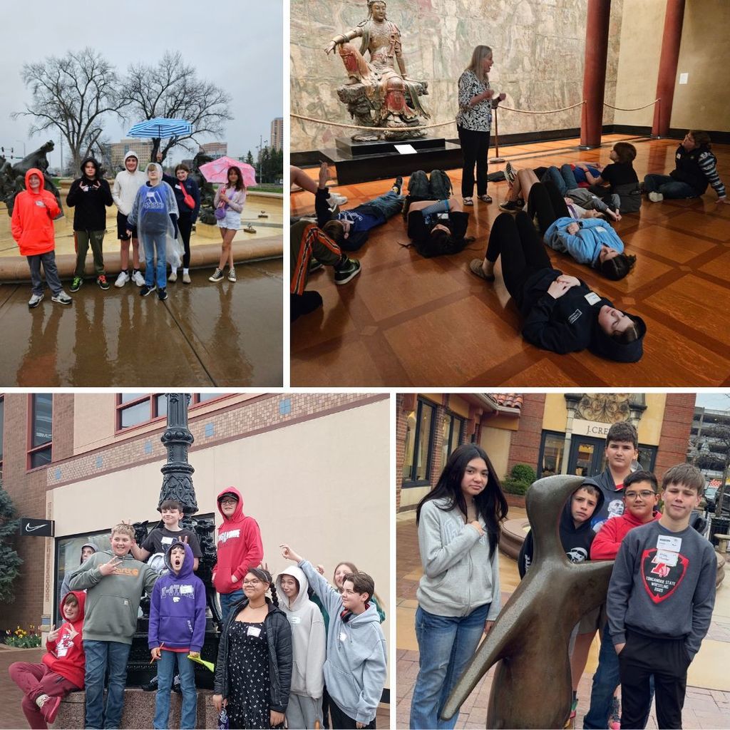 sixth graders standing in front of fountains on the plaza