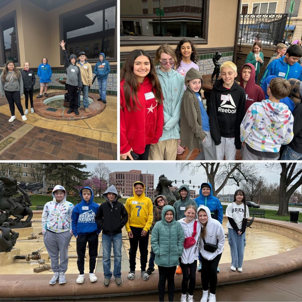 sixth graders standing in front of fountains on the plaza