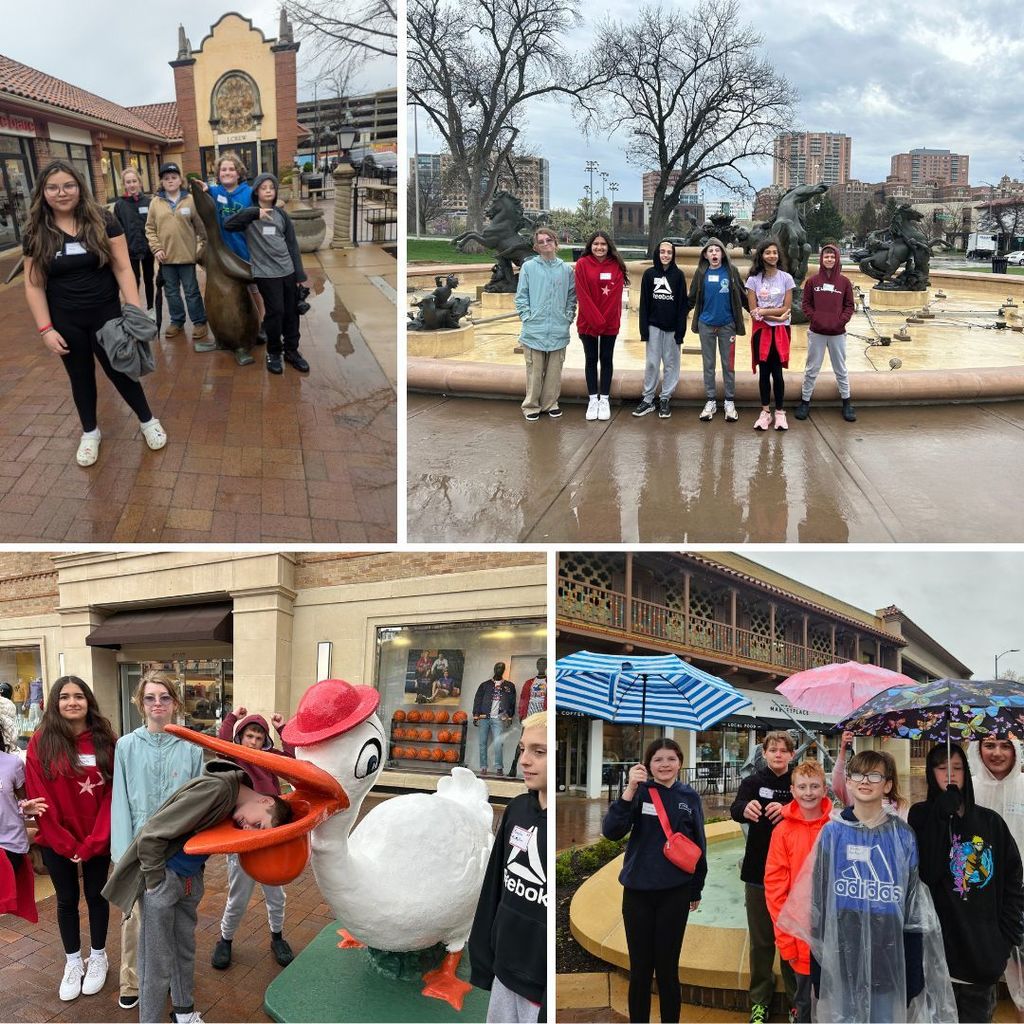 sixth graders standing in front of fountains on the plaza