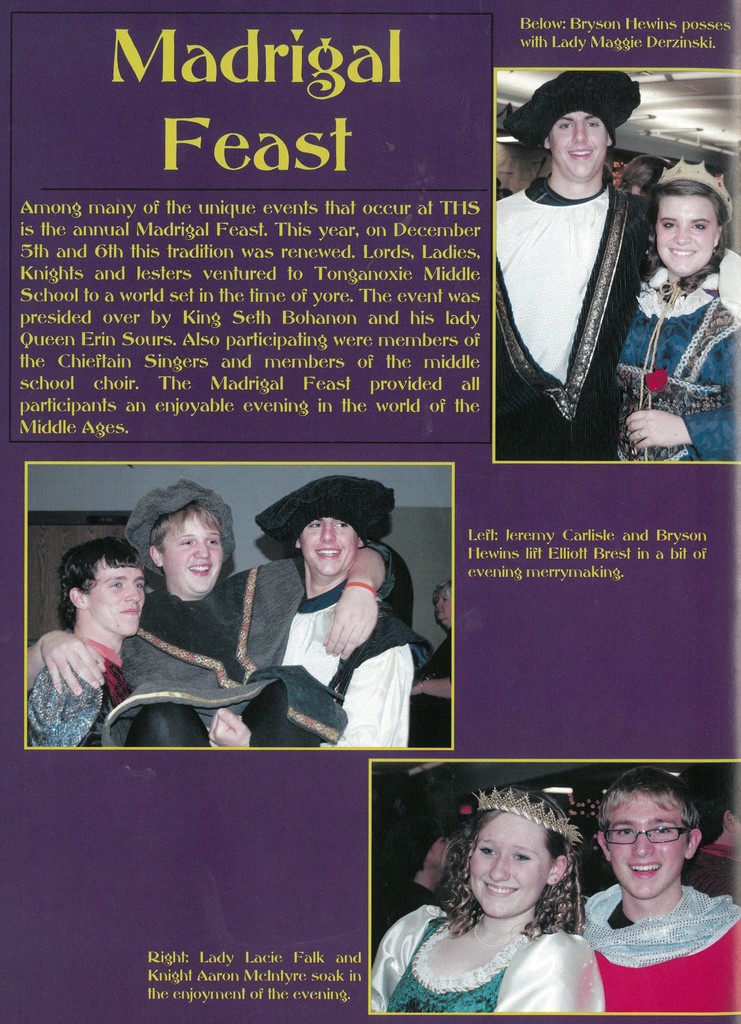 yearbook page which three photos of students in various medieval outfits