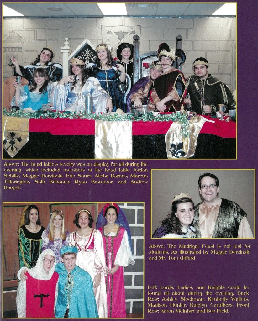 yearbook page which three photos of students in various medieval outfits