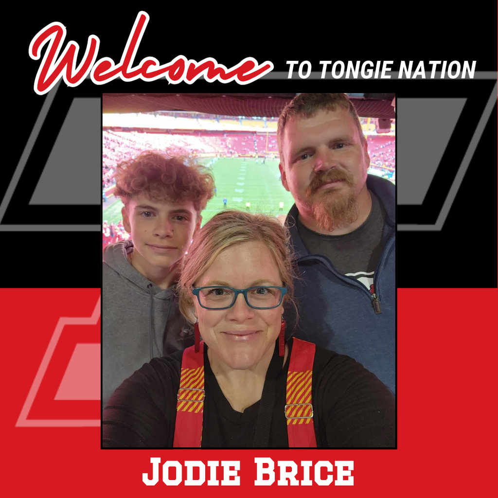 black and red background, jodie wearing a black shirt, son wearing a gray shirt, husband wearing a blue shirt, chiefs football stadium in the background