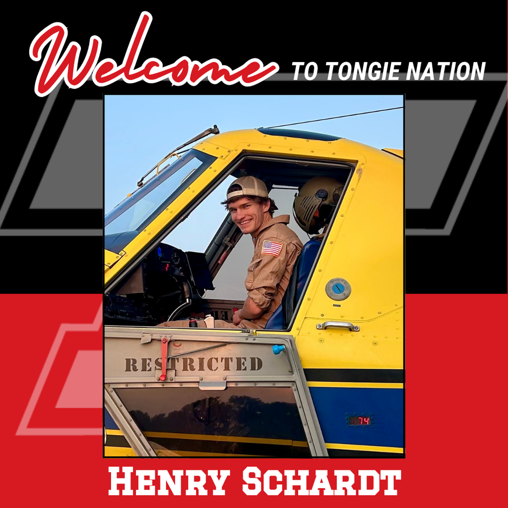 black and red background, foreground is image of henry wearing a brown flight suit and backwards hat, sitting in a yellow crop dusting plane