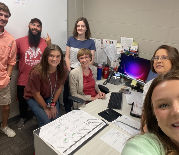 six new teachers take a selfie with comms director Becky Nasalroad