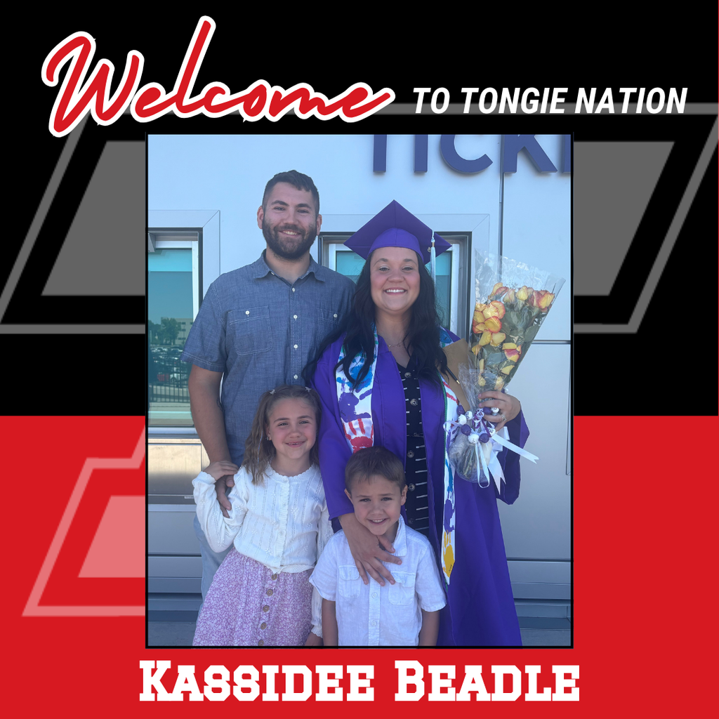 Kassidee Beadle wearing purple k state graduation cap and gown, holding yellow flowers bouquet; standing with her husband , daughter, and son