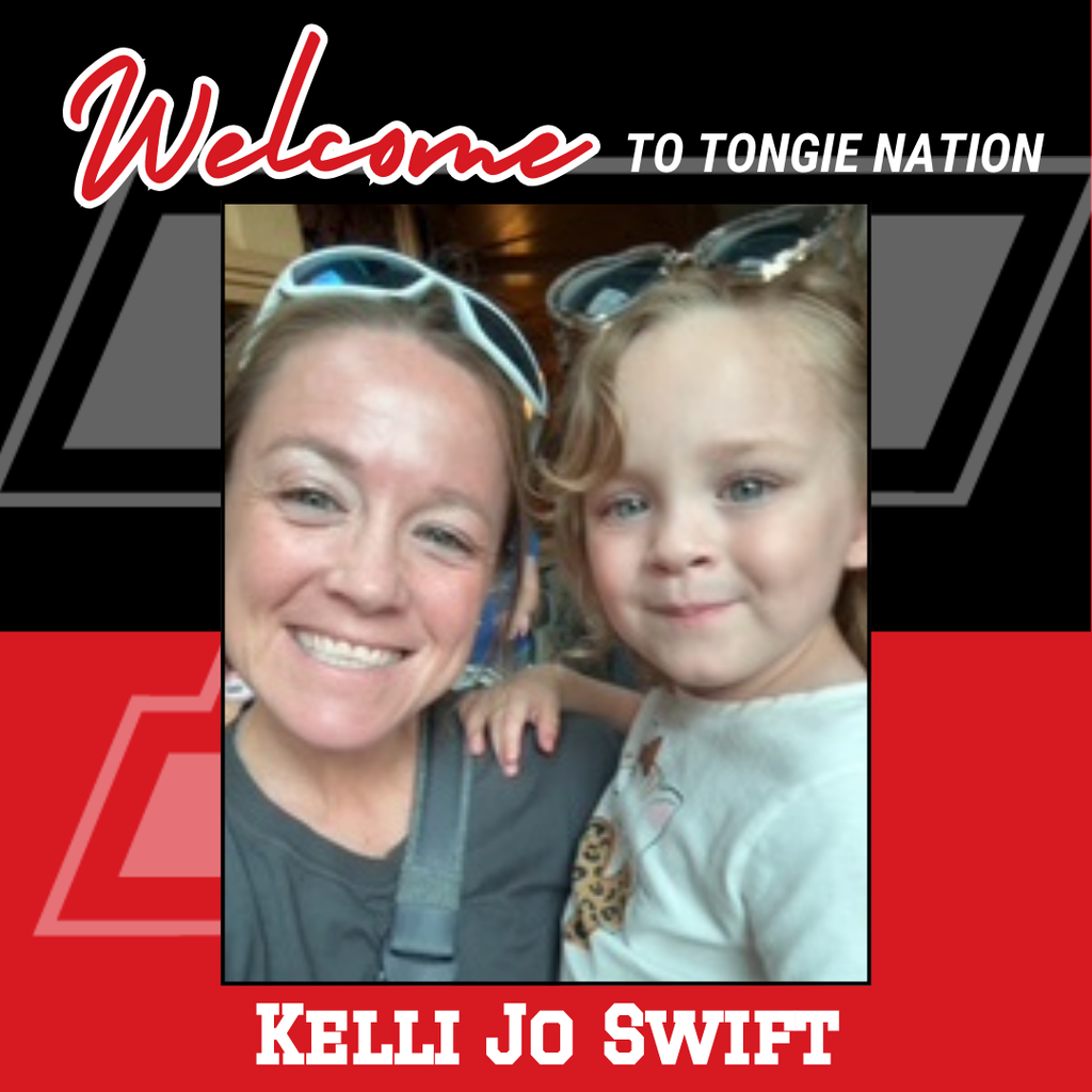 Kelli Jo swearing a gray t shirt and white sunglasses, holding her daughter, wearing a mint green t shirt and clear plastic sunglasses, red and black background