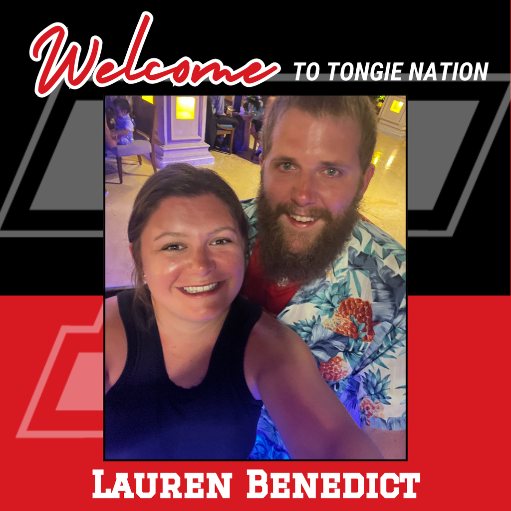 lauren wearing black tank top, husband wearing hawaiian shirt, black and red background