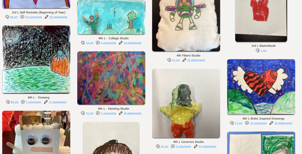 Pictures of student art including a drawing of a pumpkin in a green field at night with the moon, a  collage person on a painted outside background, Buzz Lightyear drawing on a handmade pillow, abstract painting, a clay person, a robot sculpture, and a drawing of a heart with wings flying outside.