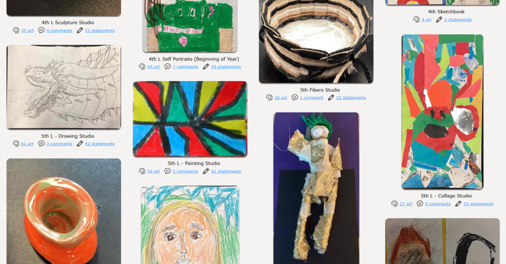 Pictures of student art including a pencil drawing of a detailed dragon, sculpture of a person, weaved basket, orange clay pot, self portraits, painted triangles, and a collage made up of multiple colors and shapes.