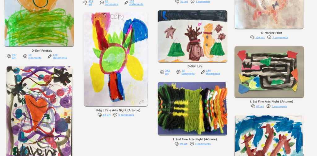 Pictures of student art including a four abstrat paintings, a still life drawing of a reindeer and snowman, and a weaving made of yarn
