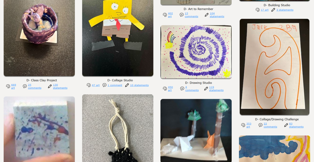 Pictures of student art including a clay animal in a bowl with melted glass for water, a collage of SpongeBob, a spiral drawing, a tracing of a french curve, a tiny splatter painting, and a paper forest sculpture with origami animals