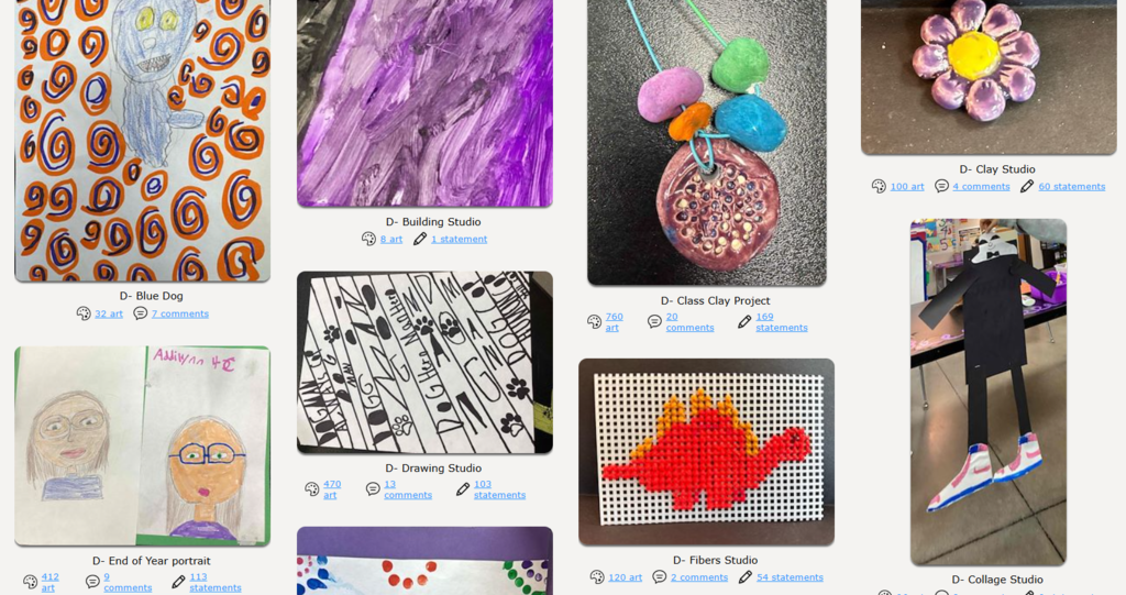 Pictures of student art including a drawing of a blue dog, a purple abstract painting, a kindergarten clay pendant and beads,  a clay purple glazed flower, a beginning and end of year self portrait drawing, a Dog Man drawing which is black and white with different written ways of writing Dog Man, a cross stitch dinosaur on plastic canvas, and a large collage person.