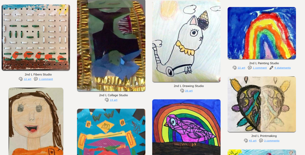 Pictures of student art including a Fibers sewn peg board with painted pumpkin patch, a collage  with black/blue/green/and gold, a drawing of a cat with an ice cream cone on its head, a rainbow, a self portrait, a oil pastel art reflection print, a geometric bird on a branch in front of a rainbow, and a college of shapes and W's