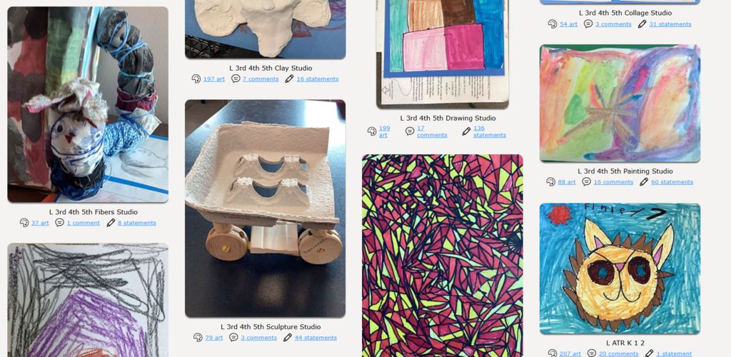 Pictures of student art including a wire, fabric, and yarn creature sculpture. A sculptural car, an abstract drawing with warm colors,a colorful painting with a star in the middle,  and a lion drawing
