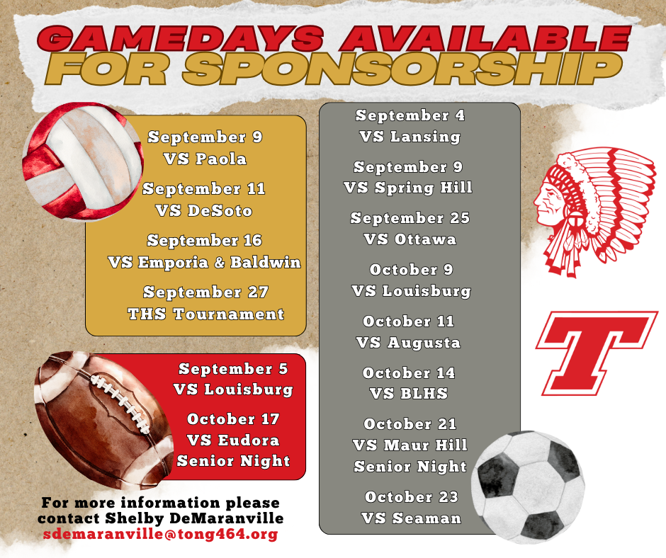 decorative image listing game days with clip art of a basketball, football, soccer ball, tongie t, and chieftain head