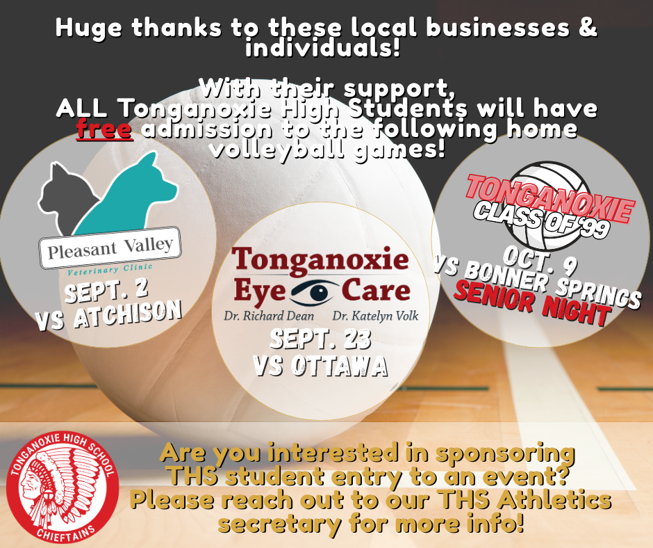 decorative image with brand logos for pleasant valley vet clinic, tonganoxie eye care, the class of 1999, and tonganoxie high school