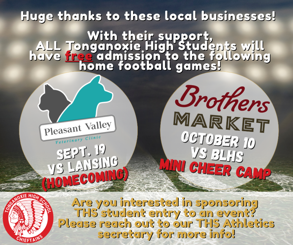 decorative image with brand logos for pleasant valley vet clinic, brothers market, and tonganoxie high school