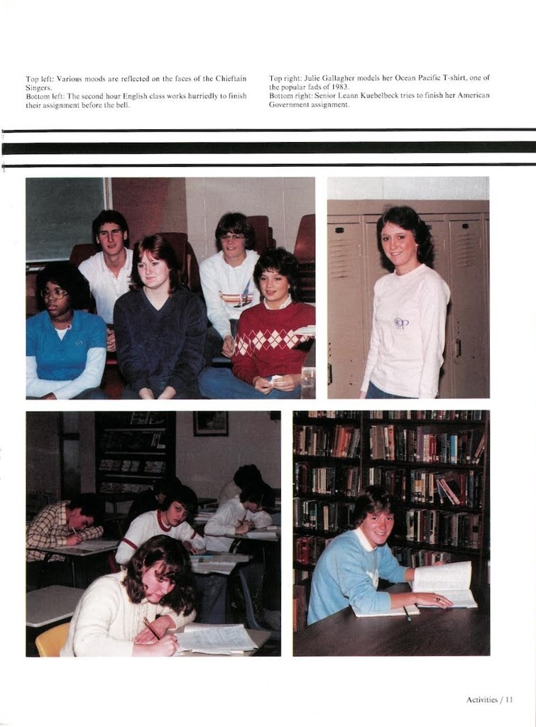 a page from a high school yearbook showing four photos: one is five students sitting in a classroom, one is a girl wearing a white shirt, standing in front of a row of lockers, one is five students sitting at desks using pencils to write, and  one is a boy looking up at the camera as he sits at a table in a library with an open book in front of him
