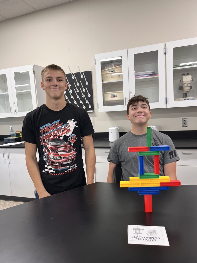 Two students with their completed domino tower.
