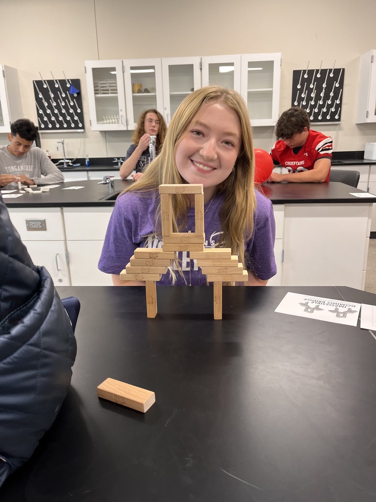 A student with her completed domino bridge.