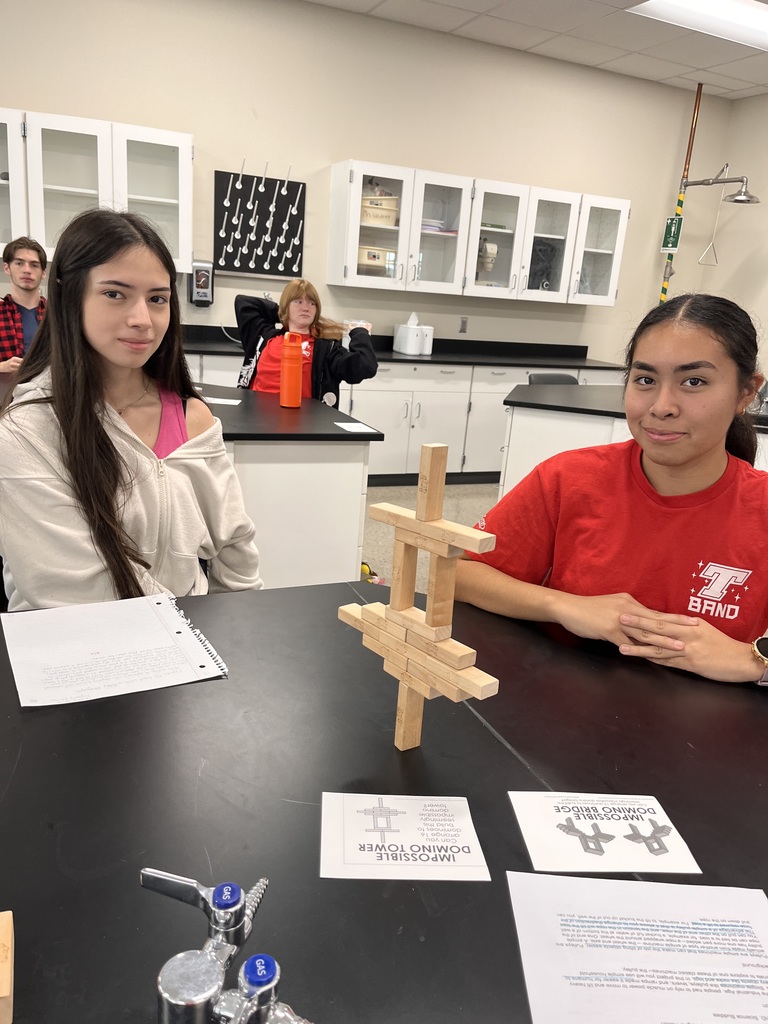 Two students with their completed domino tower.