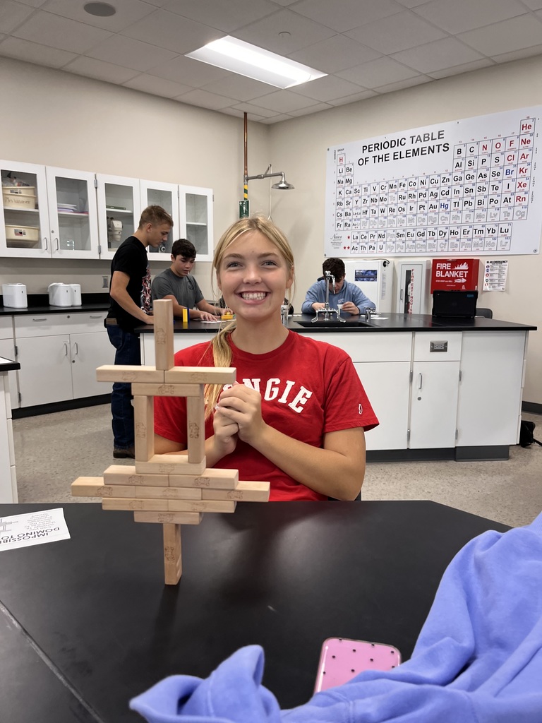 A student with her completed domino tower.