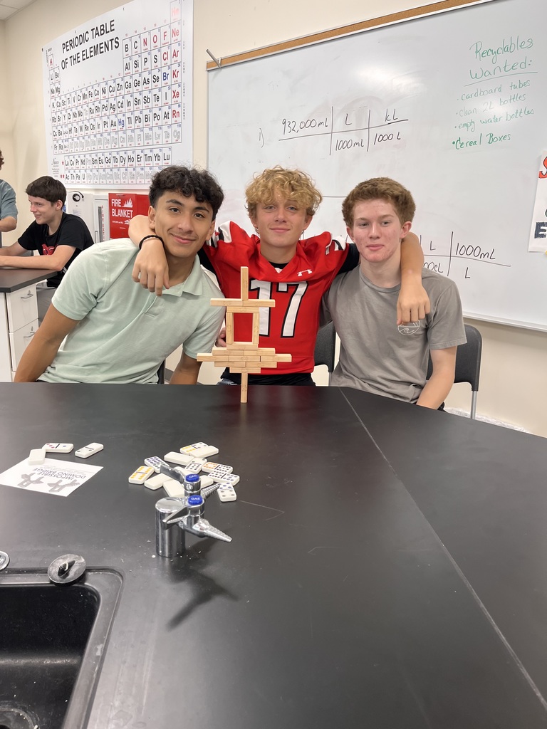 Three students with their completed domino tower.