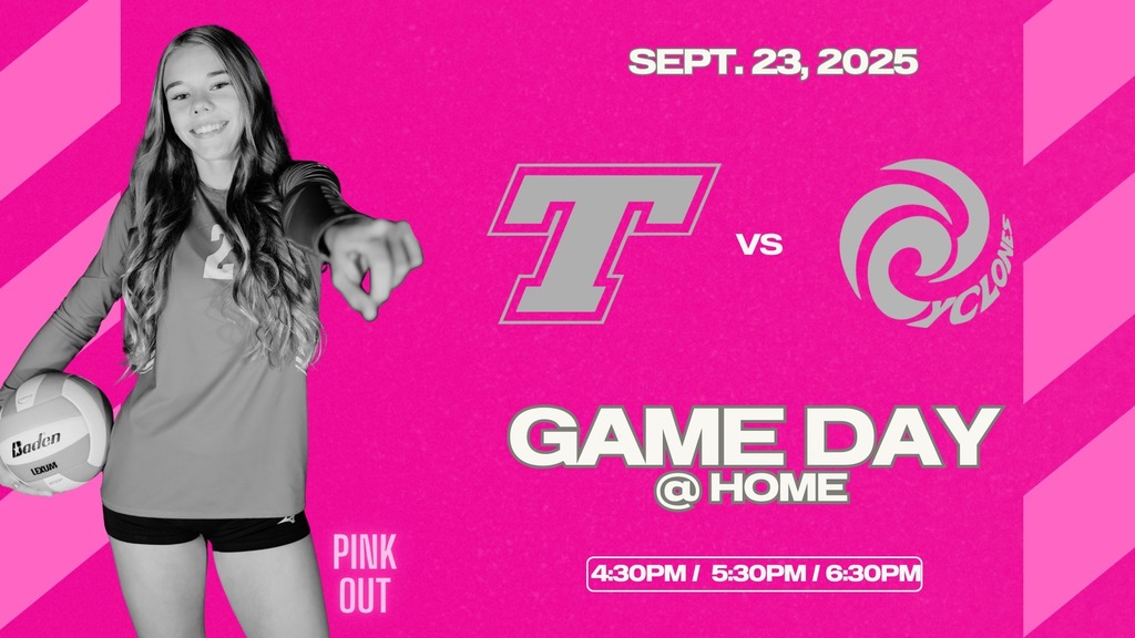pink background, black and white cut out of a female volleyball player with her hair down, pointing at the viewer